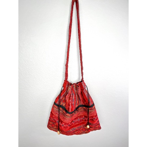 Red Turkish Rug Print Boho Crossbody Large Bag w/ Pockets, Drawstring Closure - Picture 1 of 16